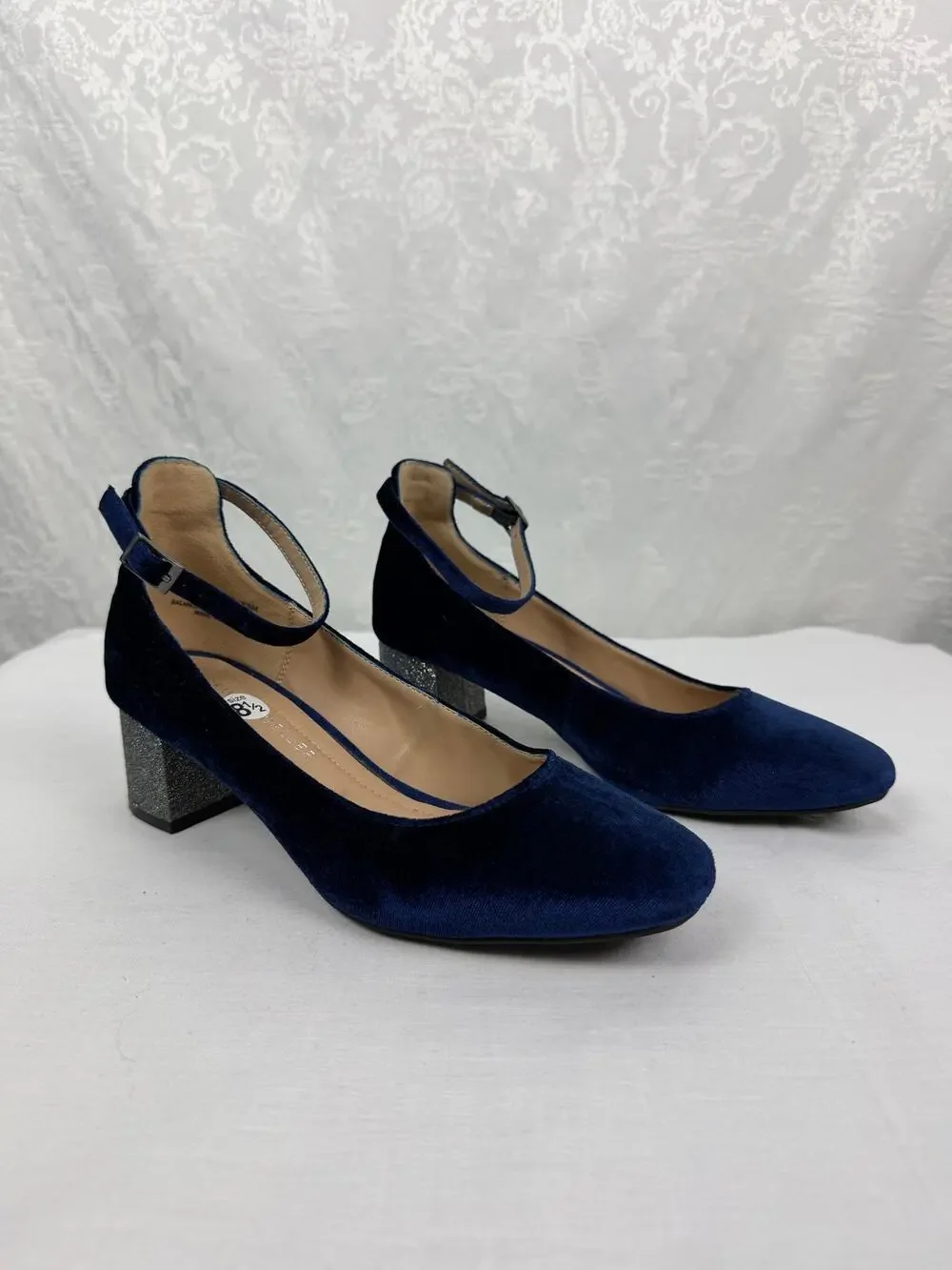 Andrew Geller Navy Velvet Mary Jane Pumps Sparkle Block Heel Size 8.5
